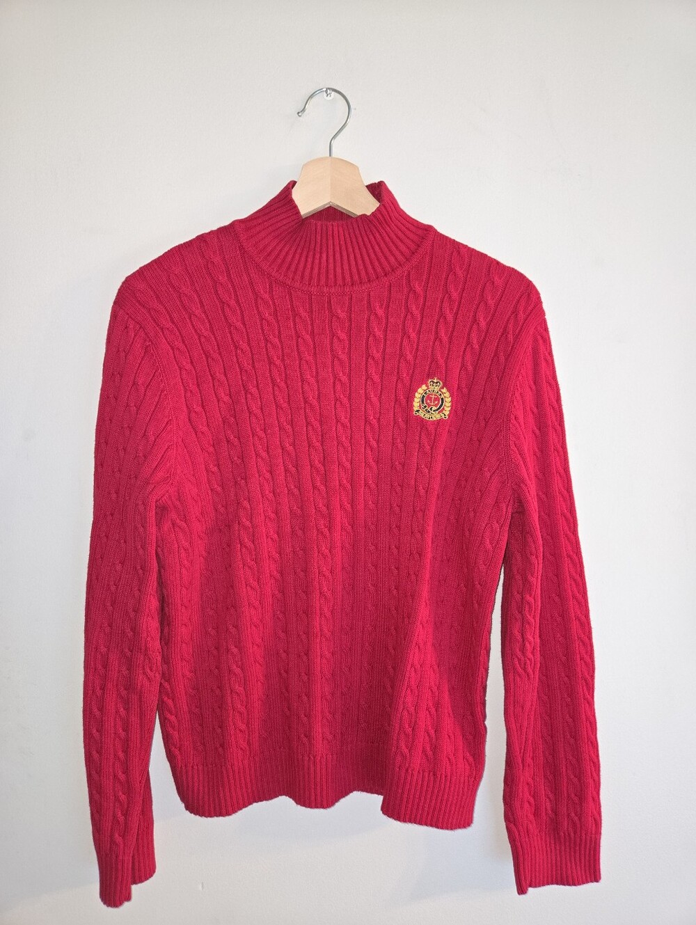 Vintage Lauren Ralph Lauren Red Cable Knit Crest Sweater Cotton L Academia Prep